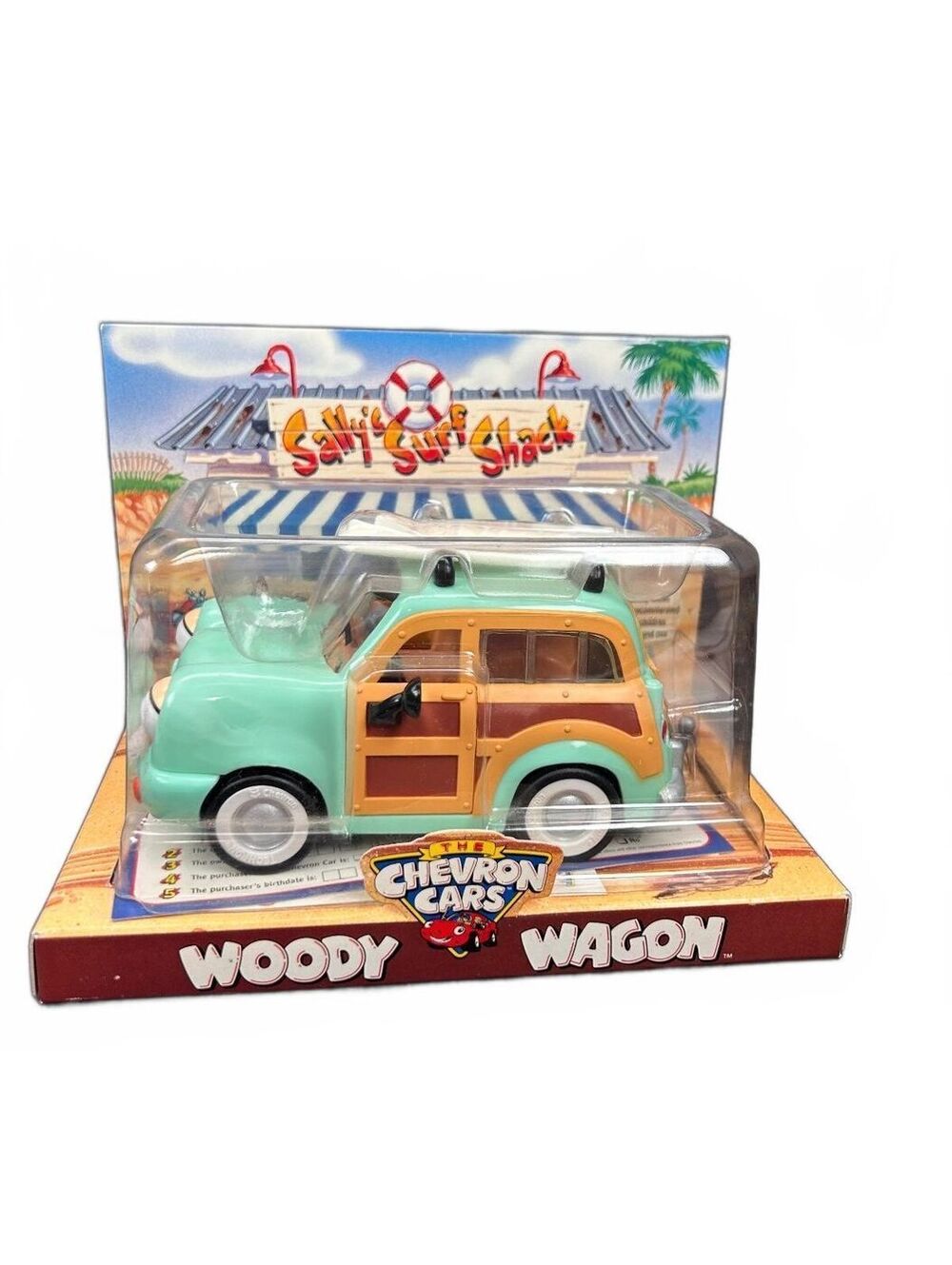 Chevron Woody Wagon Toy Car with Surfboard NIB 1999 VINTAGE Collectible